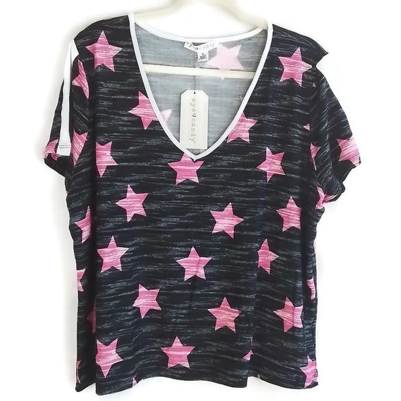 Eye Candy Womens Tee 3X Black Pink Stars Stretch Short Sleeve V Neck 4th of July - Picture 1 of 6